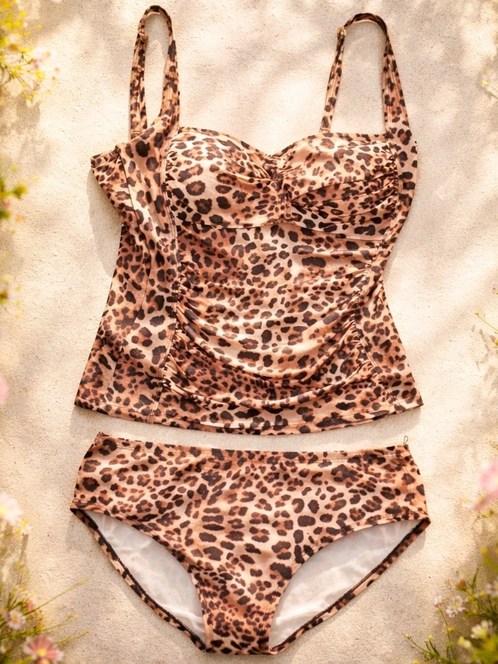 Leopard Print 2 Pices: Tankini Swim Top & Briefs - Brown Animal Print